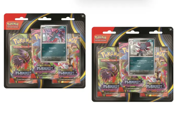 Pokémon JCC - Méga-Évolution - Pack Blister de 3 Boosters ME02 Flammes Fantasmagoriques Farfuret ou Dimoret (1 Blister aléatoire) - FR